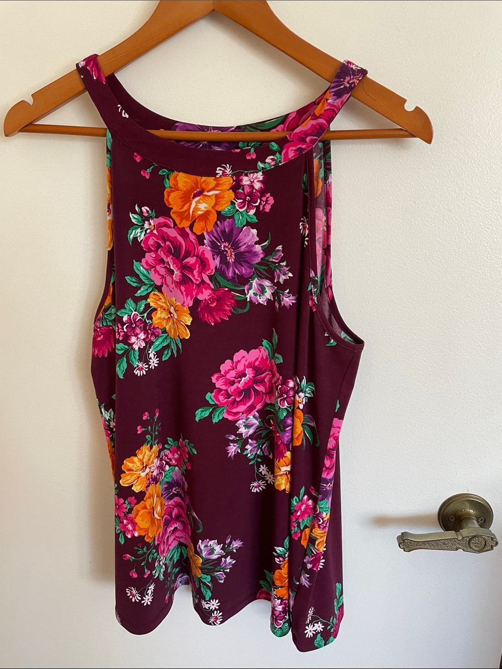 torrid Burgundy Floral Racerback Tank with Pink and Orange Blooms